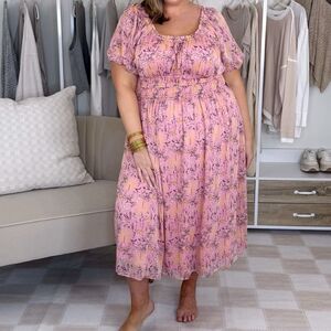 🌸 LAUREN CONRAD Conrad Pink Floral Smocked tea lenght  Midi Dress (XXL)